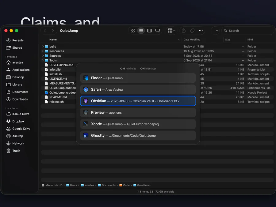 The QuietJump panel open over a Finder window, listing six windows by application name and window title with the third one selected.