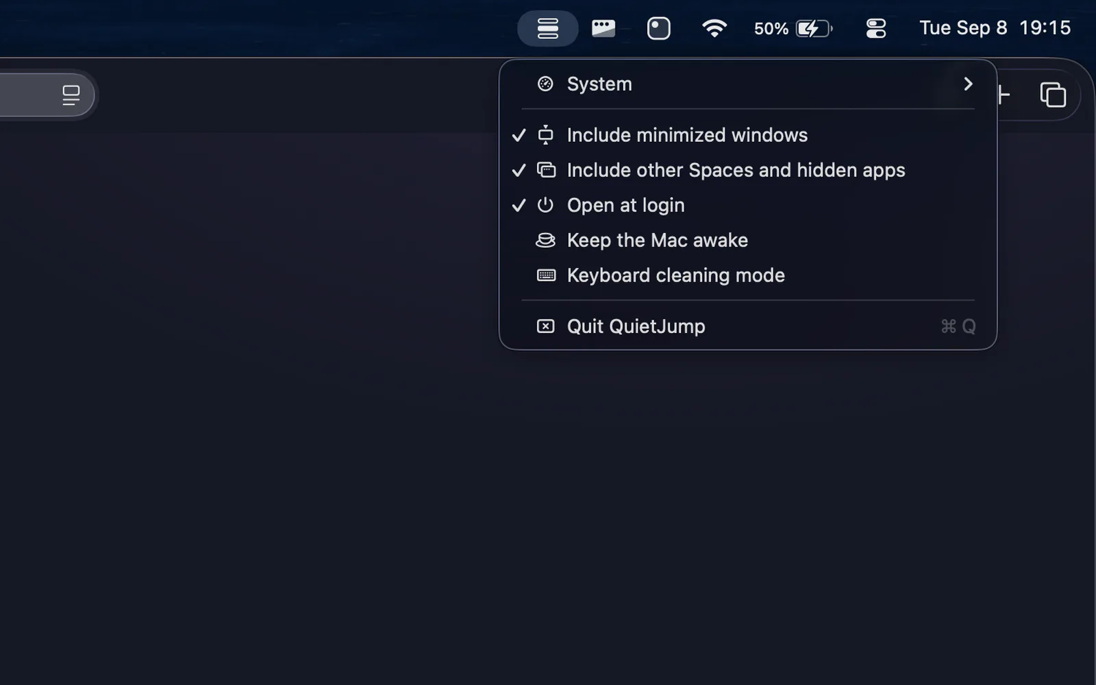 The menu bar menu, open. A System submenu, then three ticked switches for including minimized windows, including other Spaces and hidden apps, and opening at login, then Keep the Mac awake and Keyboard cleaning mode, then Quit QuietJump.