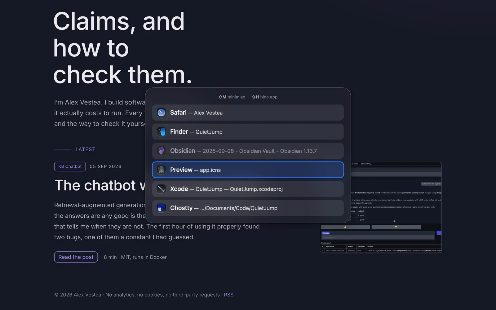 The panel with one row greyed out. The Obsidian row has just been minimized and its icon and text are dimmed, but the row is still in the list in the same position, and the selection has moved on to the row below it.