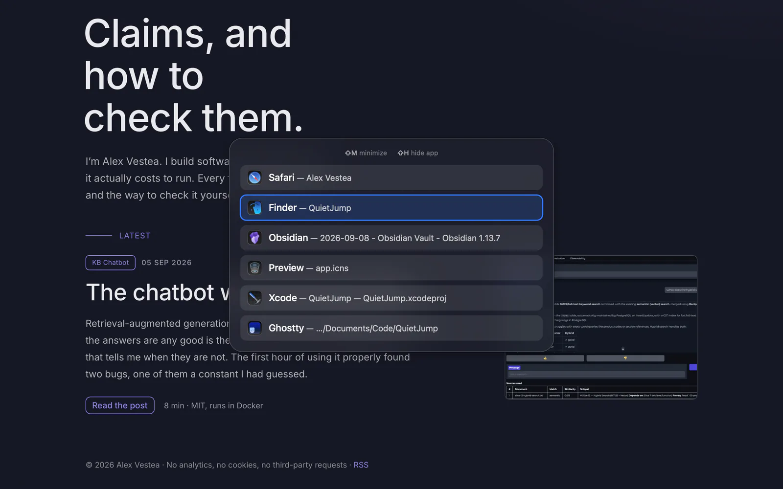 The switcher panel over a browser window. Six rows, each an app icon, the app name in bold and that window's own title after it: Safari, Finder, Obsidian, Preview, Xcode and a terminal. The second row is selected. A header line reads shift-M minimize and shift-H hide app.